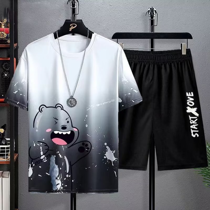 Traje de camiseta de manga corta de seda de hielo para hombres más tamaño adolescentes 2023 nuevo conjunto de verano de ropa casual a juego guapo T