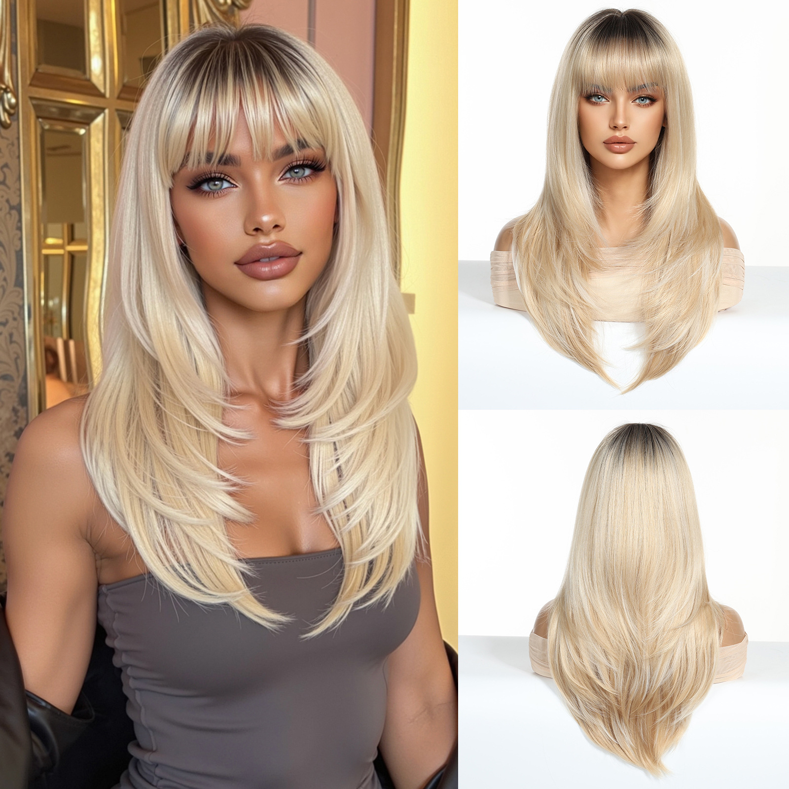 Nuevo estilo transfronterizo venta caliente Qi flequillo de alto nivel gradiente dorado largo cabello liso estilo europeo y americano peluca de moda tipo de cabello completo