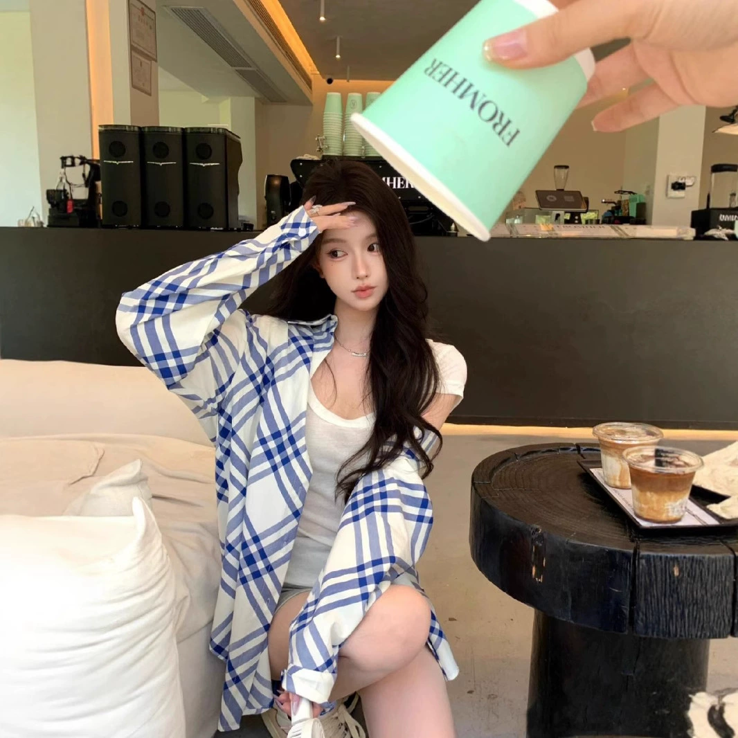Элегантная сине-белая клетчатая рубашка в корейском стиле с цветными блоками для женщин, весенне-осенняя свободная и универсальная новая рубашка, очень красивый топ-куртка