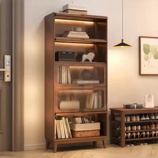 Solid Wood Dust-Proof Bookcase Whole Wall Storage Cabinet with Door Combination Home Living Room Floor-Standing Display Glass Door Bookshelf Against the Wall