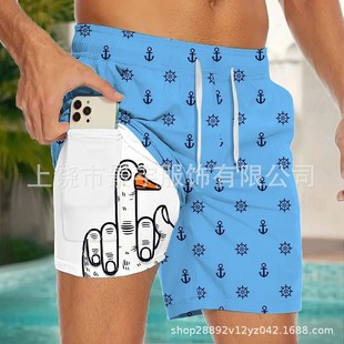 2025 New Export Cross-Border European and American Men's Shorts Amazon Casual Loose 3D Printed Double-Layer Beach Pants