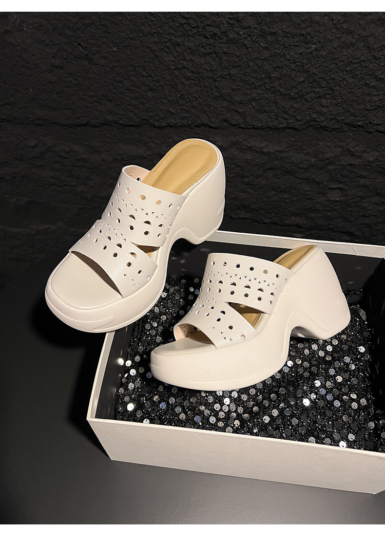 Sandal cao gót nữ hở mũi đế xuồng 10 cm, chất da bò thượng hạng, quai ngang thoáng khí — màu đen, màu trắng ngà chi tiết 16