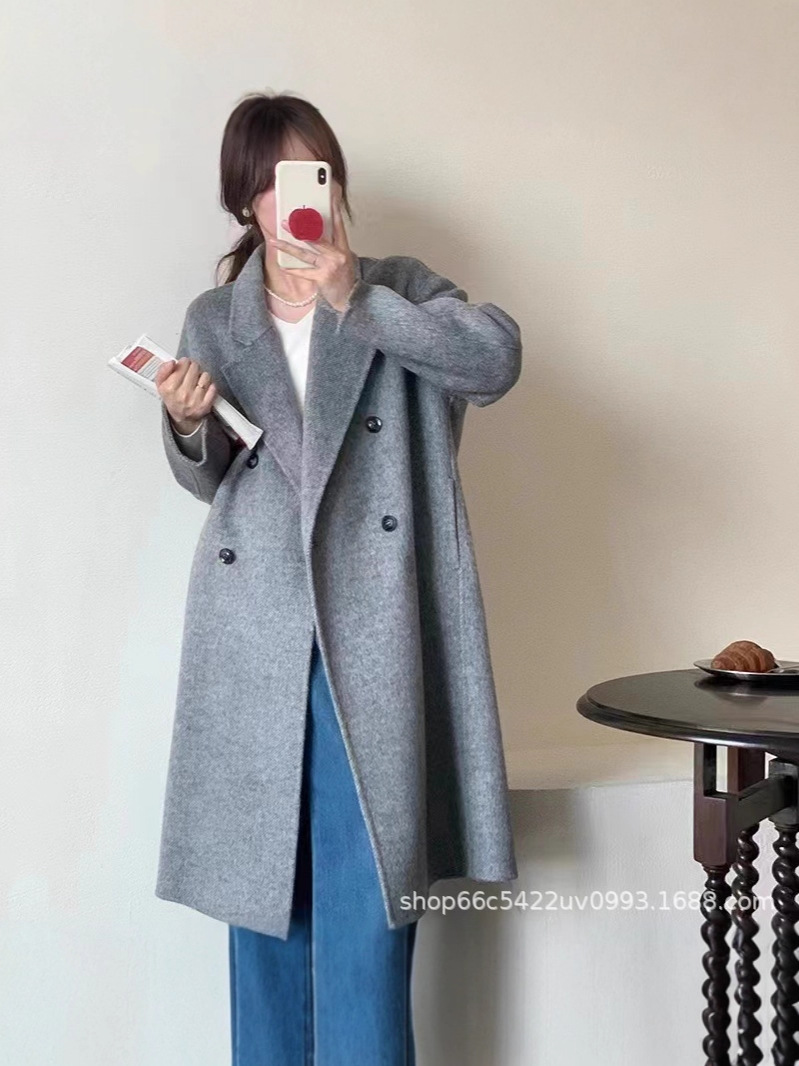 【背の高いベビーキャメルヘア】韓国通勤両面ウールコート ダブルブレスト シンプル 高級ウールコート レディース