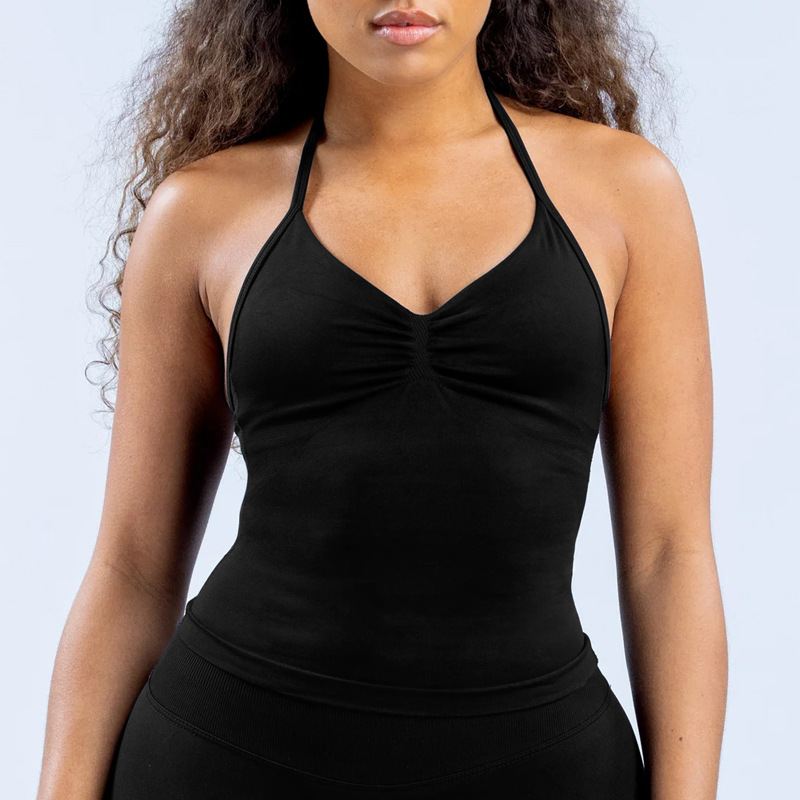 DF estilo europeo con matte nylon chaleco deportivo de yoga de mujer cuello colgante belleza detrás de la camisa de ejercicio para correr