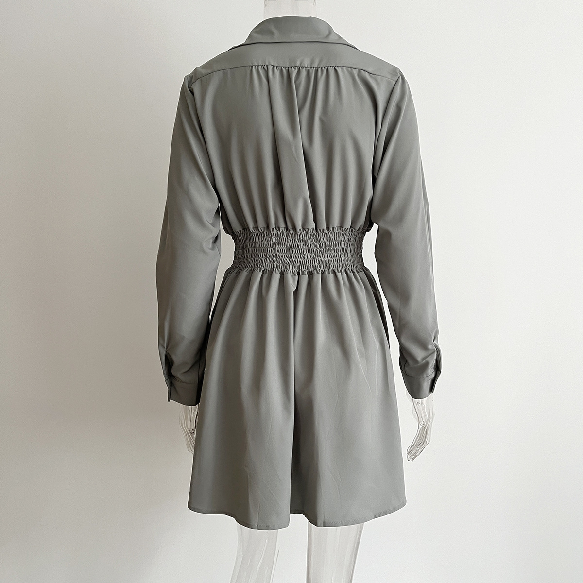 Blouse Collar Dress Women Smocking Waist Controlled Long Sleeves Spring Autumn Women Clothing