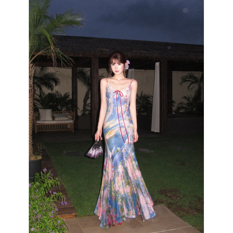 Real Shot of In-Stock Oil Painting Print Spaghetti Strap Dress for Women with Large Flared Mermaid Skirt