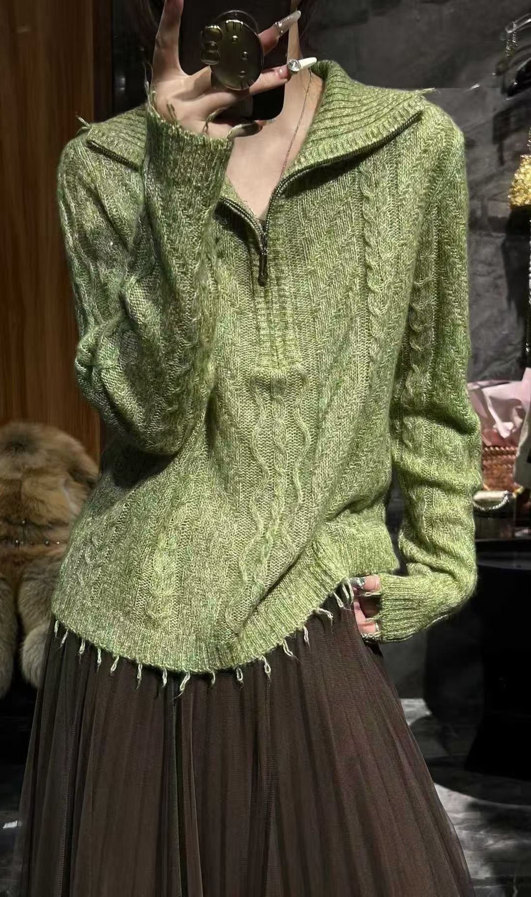 早秋超好看单穿上衣针织衫女休闲减龄大翻领半拉链流苏边羊毛衫