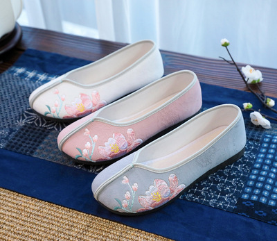 Flat shoes lotus bloom single Chinese qipao cheongsam tang suit hanfu shoes for women girls cloth shoes tea mother embroidered shoes soft bottom shoes for women