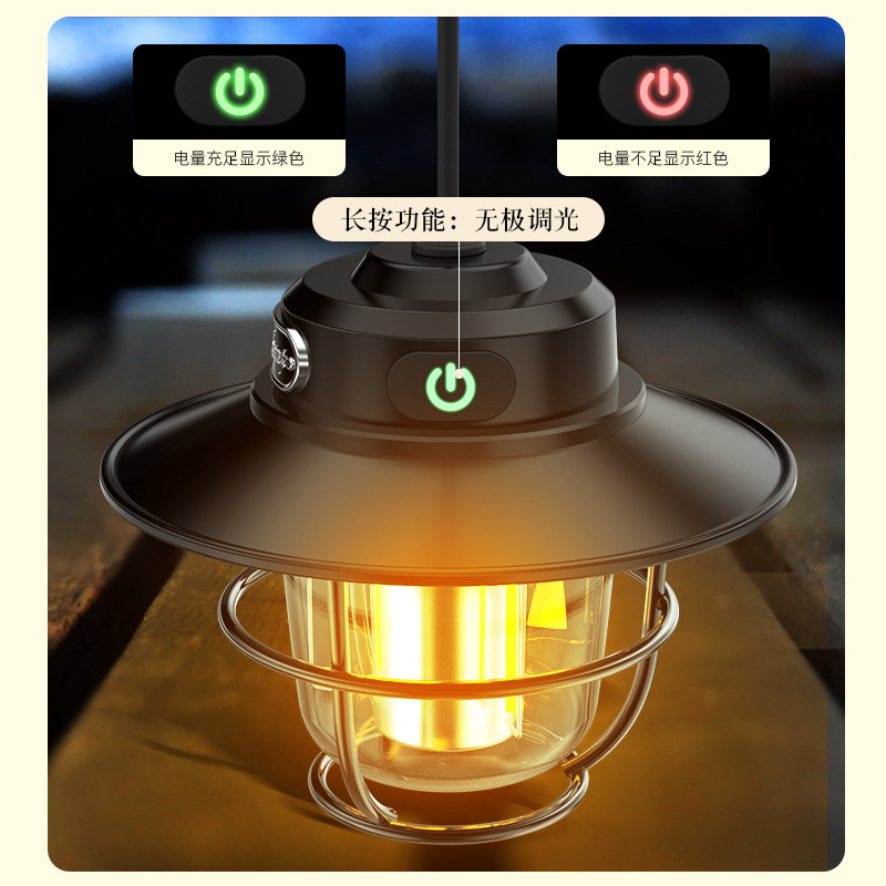 Luz de caballo retro transfronteriza luz caliente sin electrodos de atenuación al aire libre larga duración gancho lámpara de camping atmósfera lámpara de camping