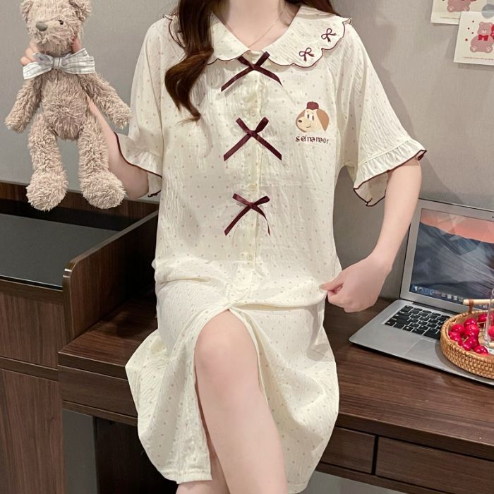 Camisón de algodón de nube con almohadilla para el pecho pijama de cuello de muñeca de manga corta de verano para mujer