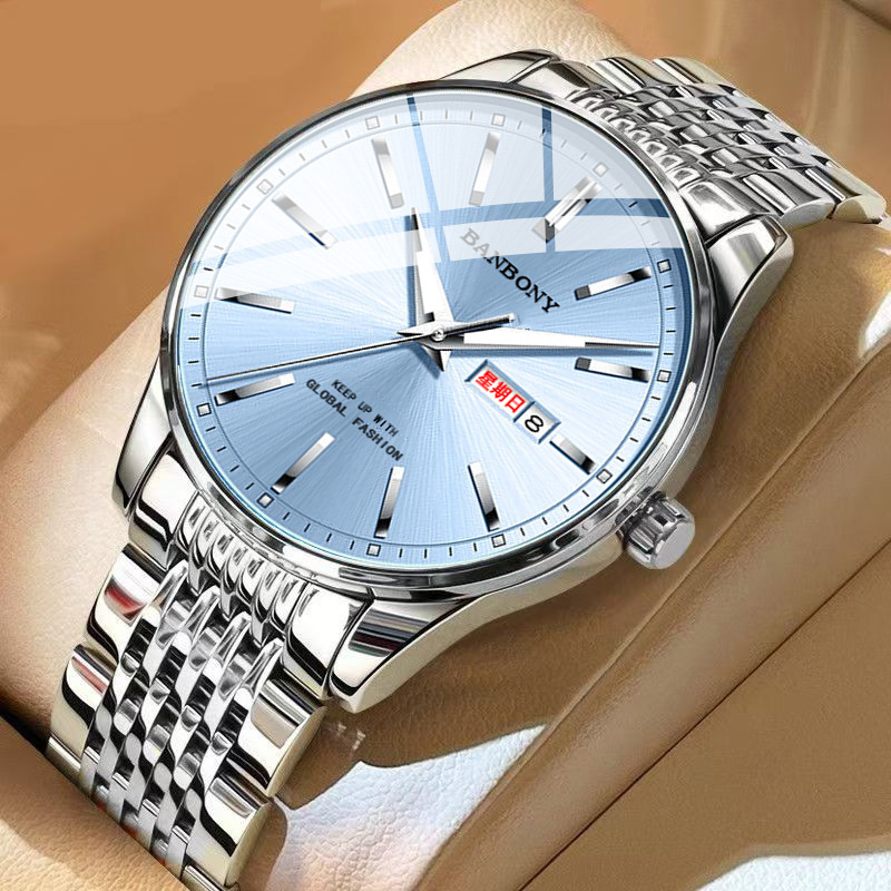 Men's Watch Foreign Trade Explosions New Double Calendar Steel Band Quartz Watch Luminous Waterproof in stock Live