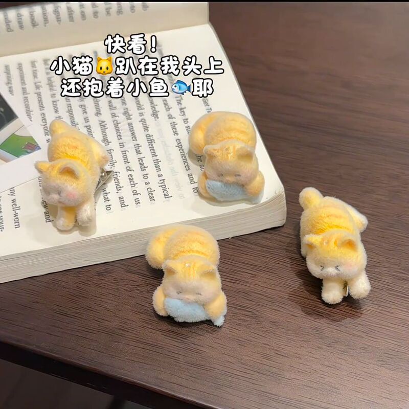 漫画の子猫が魚を食べるヘアピン、ガーリーハート前髪クリップ、細かい髪の整理アーティファクト、甘いサイドクリップヘアピンヘアアクセサリー|undefined