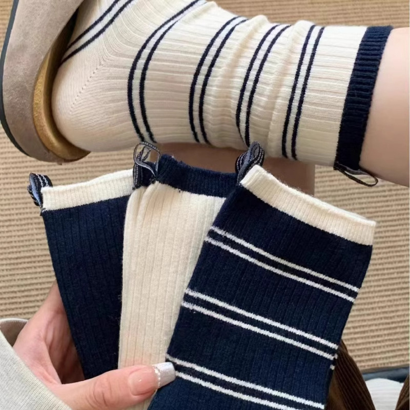 Striped Socks Women's Mid-length Socks Spring and Autumn Cotton Heel Cloth Ins Fashionable Korean-style Japanese-style Sports Summer Stockings