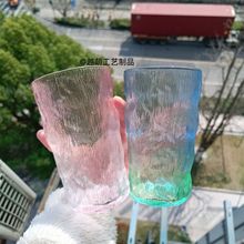 浮雕锤纹玻璃水杯冰川纹ins餐厅直身高颜值圆形渐变玻璃杯果汁杯