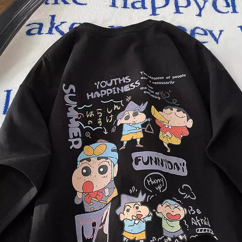 Crayon Shin-chan Printed Short Sleeve T-shirt for Men - Summer Loose Fit Cotton Heavyweight Top - Trendy Streetwear Casual Seven-Sleeve