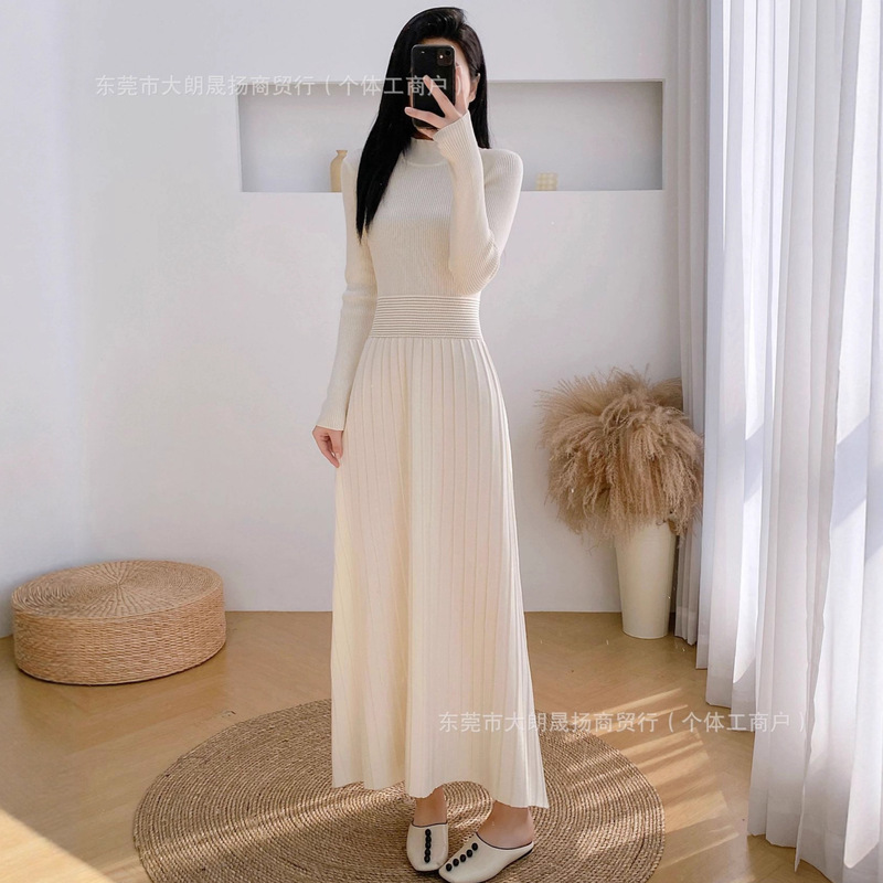 Long V-Neck Knitted Dress for Tall Individuals, Floor-Length, Slim-Fit, Waist-Cinching, Drapey, with Flutter Sleeves