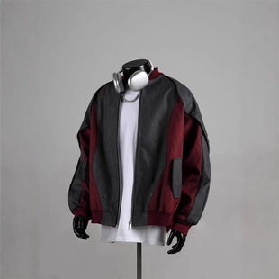 American Deconstructed Stitching PU Leather Jacket Trendy Brand European and American Street cleanfit Contrast Color Stitching Baseball Suit Jacket