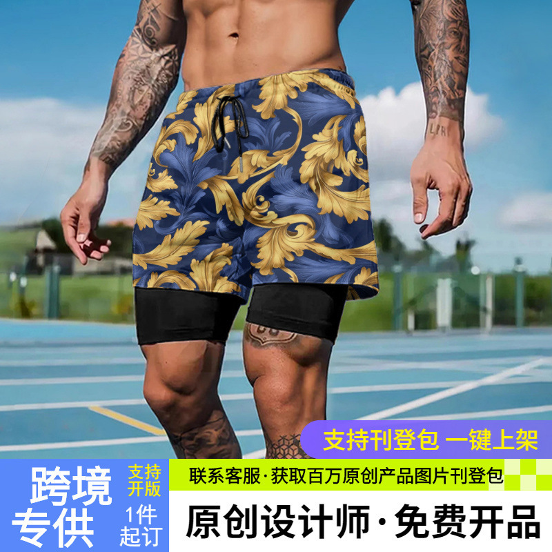 American Sports Shorts Men's Fitness Quick-Drying Running Double-Layer Fake Two-Piece Printed Basketball Shorts with Lining Two-In-One