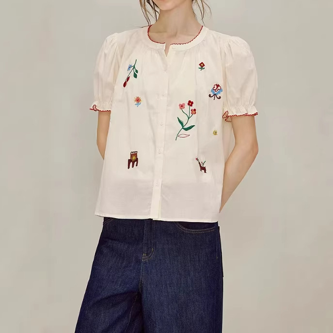 2026 Summer French-Style Babydoll Shirt Loose Shirt Embroidered Floral Puff Sleeve Shirt for Women