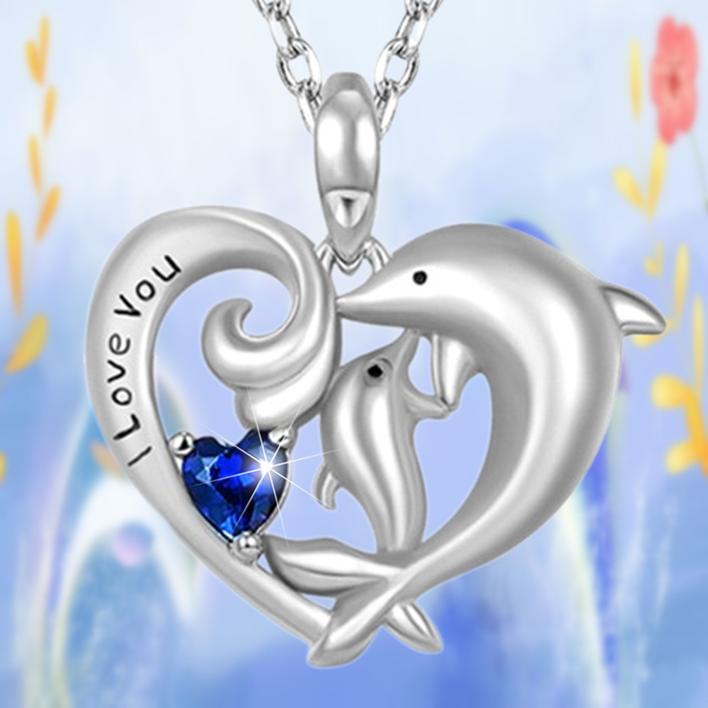 Collar con colgante de delfín y corazón en cristal azul mujer_voghion.com