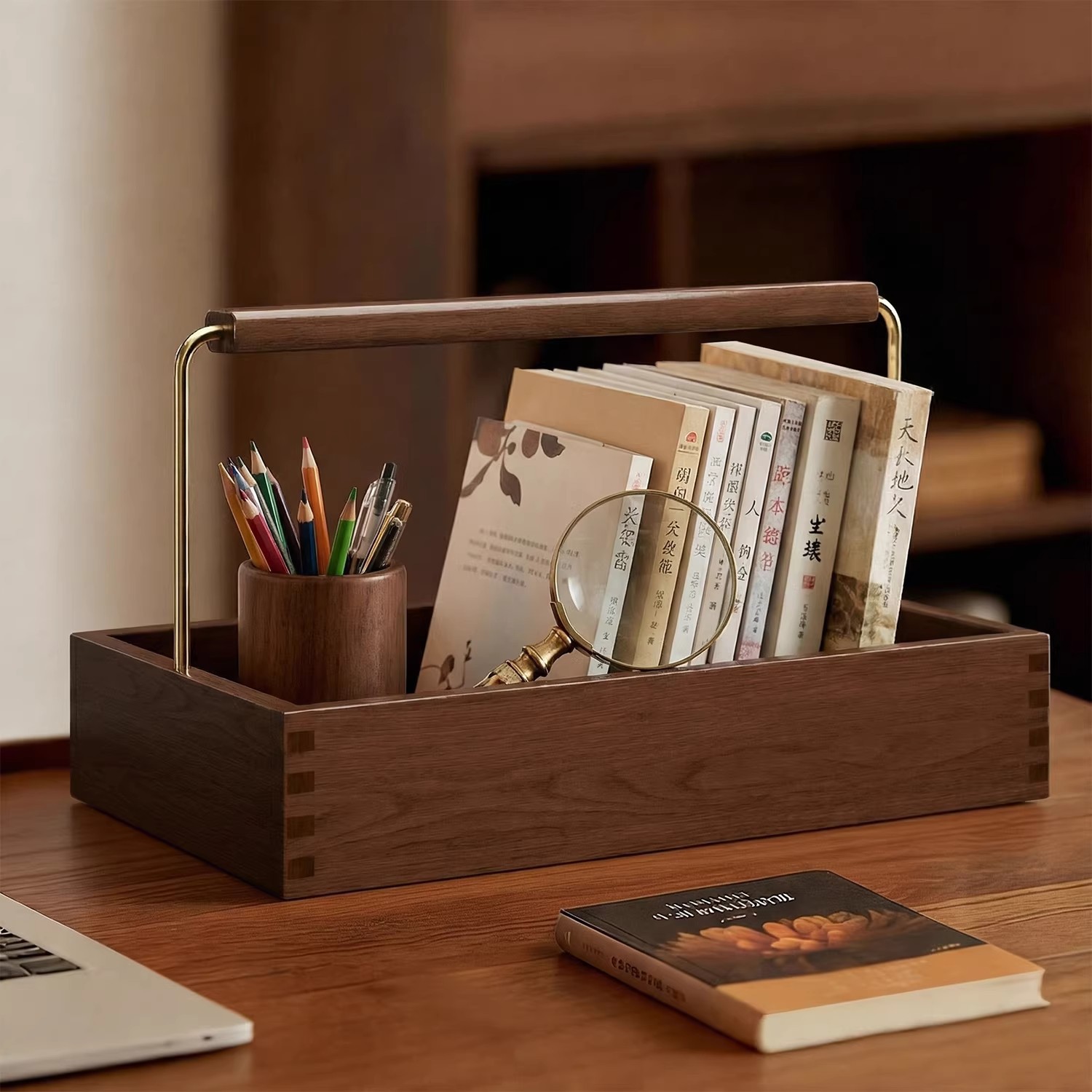 Cesta de almacenamiento de escritorio de madera sólida Caja de almacenamiento de cosméticos Caja de acabado de lujo ligera de alta calidad Cesta de almacenamiento de artículos diversos azules domésticos