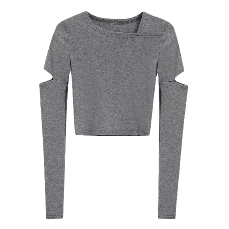 Solid color slim fit thin long sleeved T-shirt for women with holes and round neck as the base, autumn tight fitting_voghion.com
