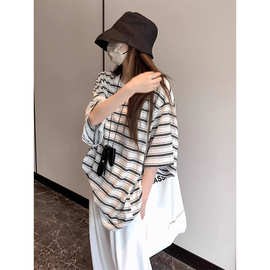 韩版中长款oversize黑白条纹短袖T恤2025夏季休闲运动风洋气上衣