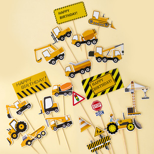 Boy and Kids Birthday Cake Decoration Engineering Vehicle Plug-In Excavator Bulldozer Crane Tower Happy Birthday Plug-In