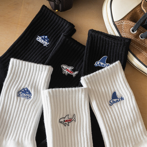 Men's Black and White Socks, Ins Trendy Autumn/Winter Cotton Socks, Anti-Odor, Absorbent, Sports Basketball Medium Calf Socks, Wholesale for Women