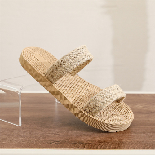 Ethnic style imitation straw travel imitation espadrille women's slippers Korean fashion outer wear slip-on fashion beach slippers for girls