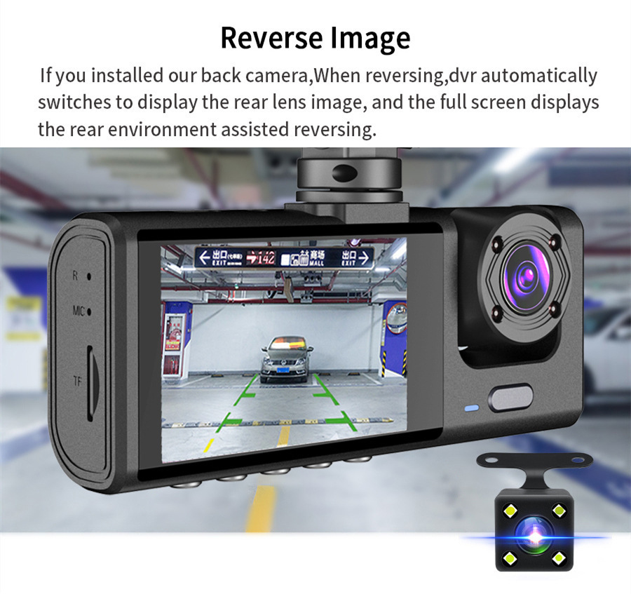 New model dashcam with high-definition reversing image, 3-lens recorder, mobile phone connectivity, and car-mounted recorder