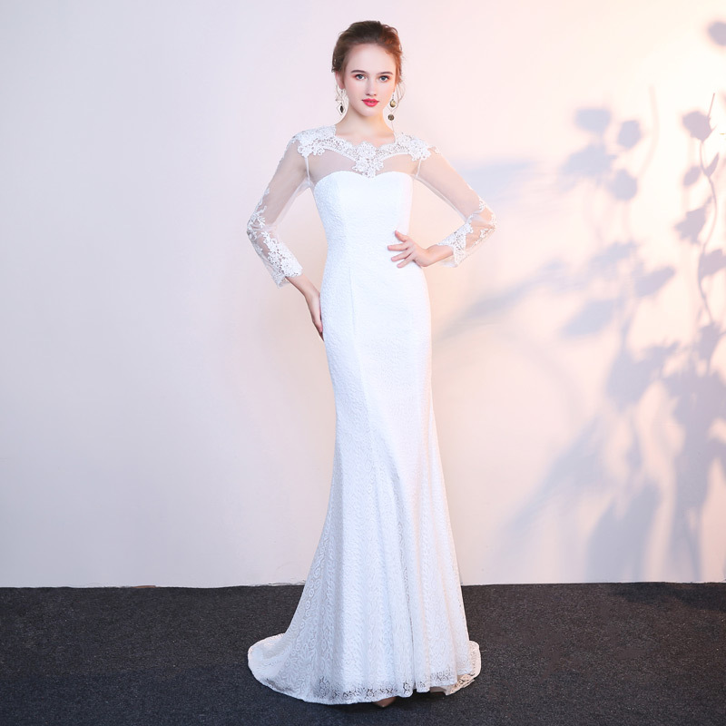 Comercio exterior de Europa y América Amazon AliExpress deseo nuevo encaje manga larga sexy backless fishtail vestido novia puede ser personalizado