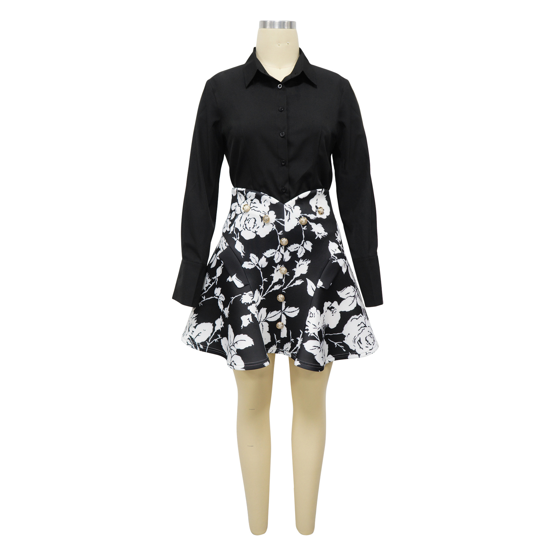 Women's Fashion Long Sleeved Collared Printed Skirt Set Waist Cinching Short_ecoleips.com