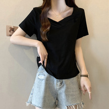 外贸纯色V领露锁骨短袖T恤女夏季韩版修身显瘦半袖体恤上衣