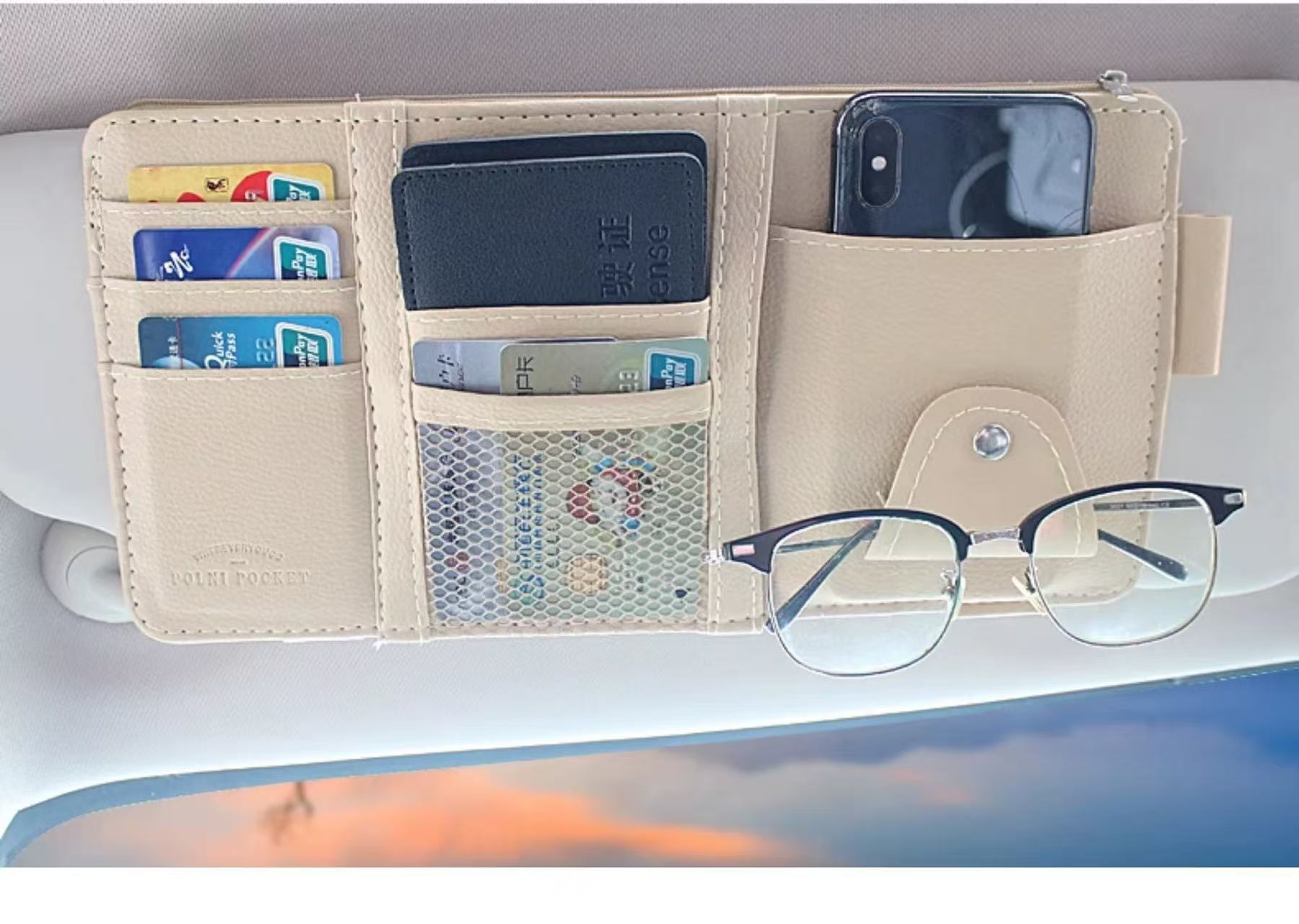 Car sun visor multifunctional eyeglass holder, eyeglass clip, bill and card holder, storage bag, interior accessory