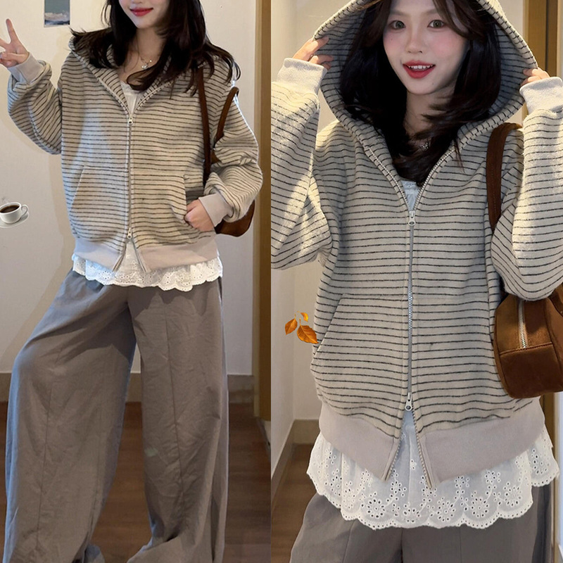 Hooded Sweatshirt Jacket for Women, Spring and Autumn 2026 New Korean Style Lazy Zipper Striped Cardigan Top for Early Autumn Outfits