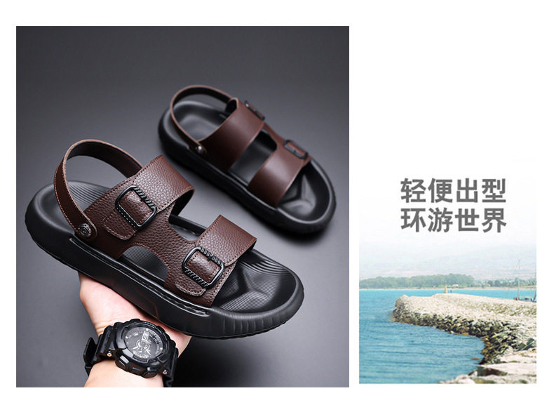 Dép sandal nam da bò lớp đầu hở ngón thoáng khí chống trượt đi biển — GA07 màu nâu, GA07 màu đen chi tiết 6