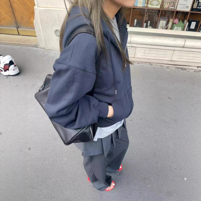 青岛即墨卫衣秋冬新款拉链抽褶连帽开衫慵懒风短款开衫上衣日韩风|undefined