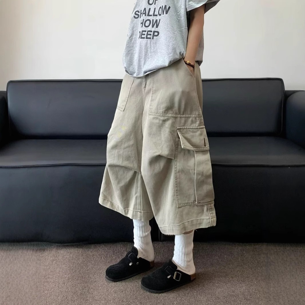 American and Japanese Style Large Pocket Cargo Cropped Pants for Women and Men, Summer National Trend Brand, Loose Pleated Design, Wide-Leg Straight Pants