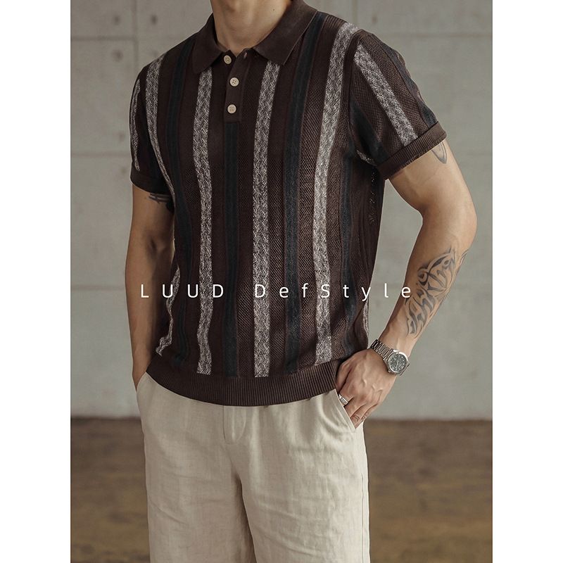 Polo camiseta de punto camiseta de manga corta camiseta de hombre solapa rayas huecas viejos vientos de alto nivel de verano fábrica transfronteriza al por mayor