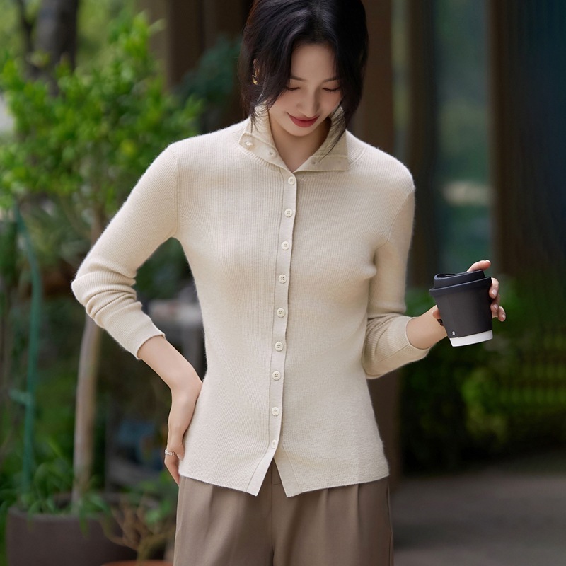 2025年早秋新款真丝羊绒半高领针织开衫长袖女纯色修身显瘦上衣|undefined