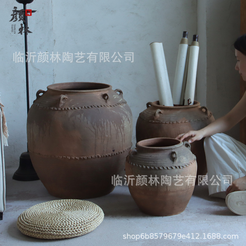 Pot de cerámica de tierra con gran estómago con orejas pot antiguo Lotus pot de suelo maceta de flores de cerámica gruesa adornos de decoración de habitaciones modelo de vivienda