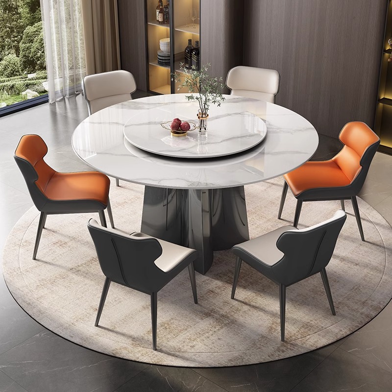 Mesa de comedor redonda de apartamento pequeño de sala de estar simple moderna con tocadiscos Combinación de mesa y silla de comedor de placa de roca brillante de lujo ligero de estilo italiano