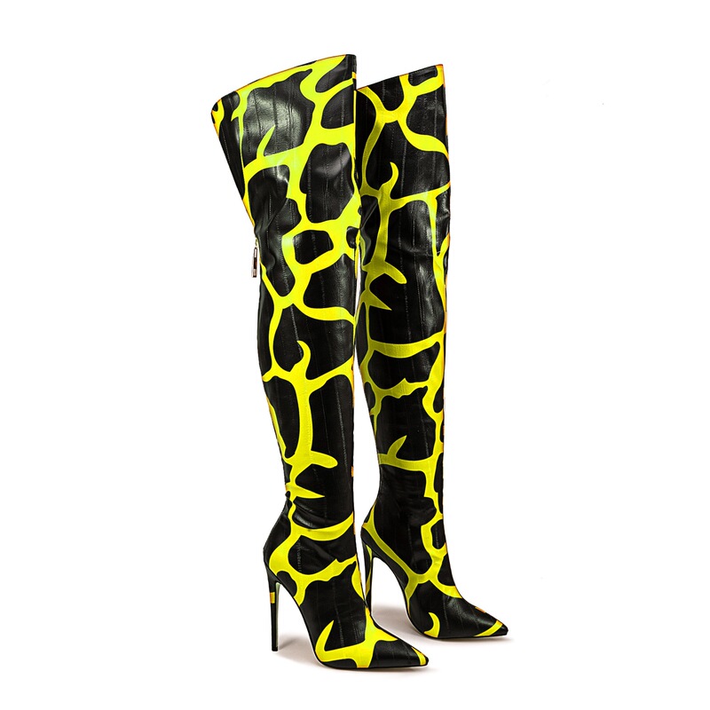 Striped Boots, Pointed Toe, Stiletto Heels, European and American Back Zipper, Black and Yellow Adult Fashion Boots, Ordering Super Fiber Women's Super High Heels