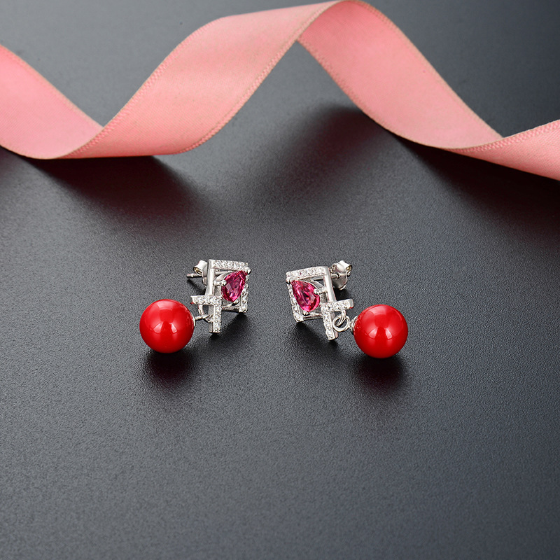 Pendientes de perlas felices rojos Corea del Sur simple s925 pendientes de circón de plata pendientes de diamantes de estilo étnico femenino