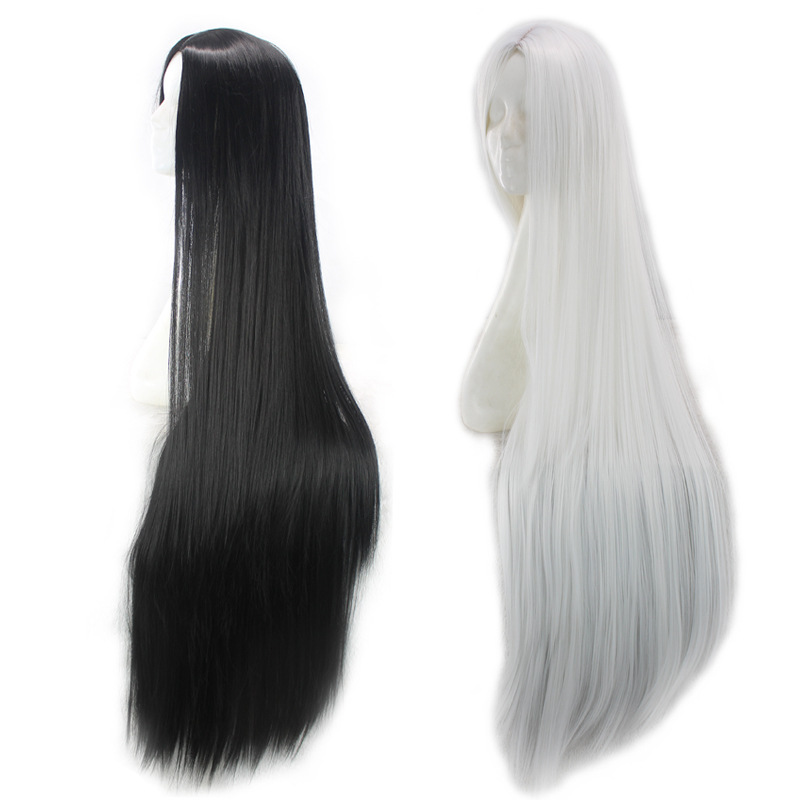 Parrucca da donna in stile europeo-americano, lunga, nera, con riga centrale, liscia e dall'aspetto realistico, realizzata in fibra sintetica di seta resistente alle alte temperature._voghion.com