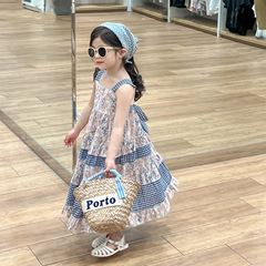 2024女童夏碎花藍格拼接甜美公主背心裙後背系帶大裙擺吊帶連衣裙