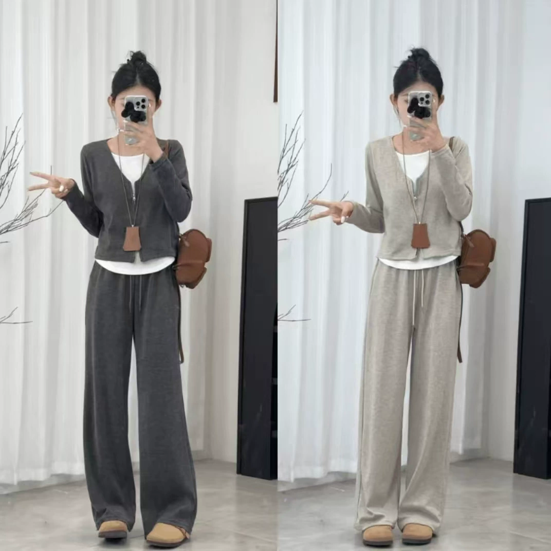 Трансграничные осенние новые иностранные сшитые поддельные два топа показывают высокие широкие брюки повседневный набор