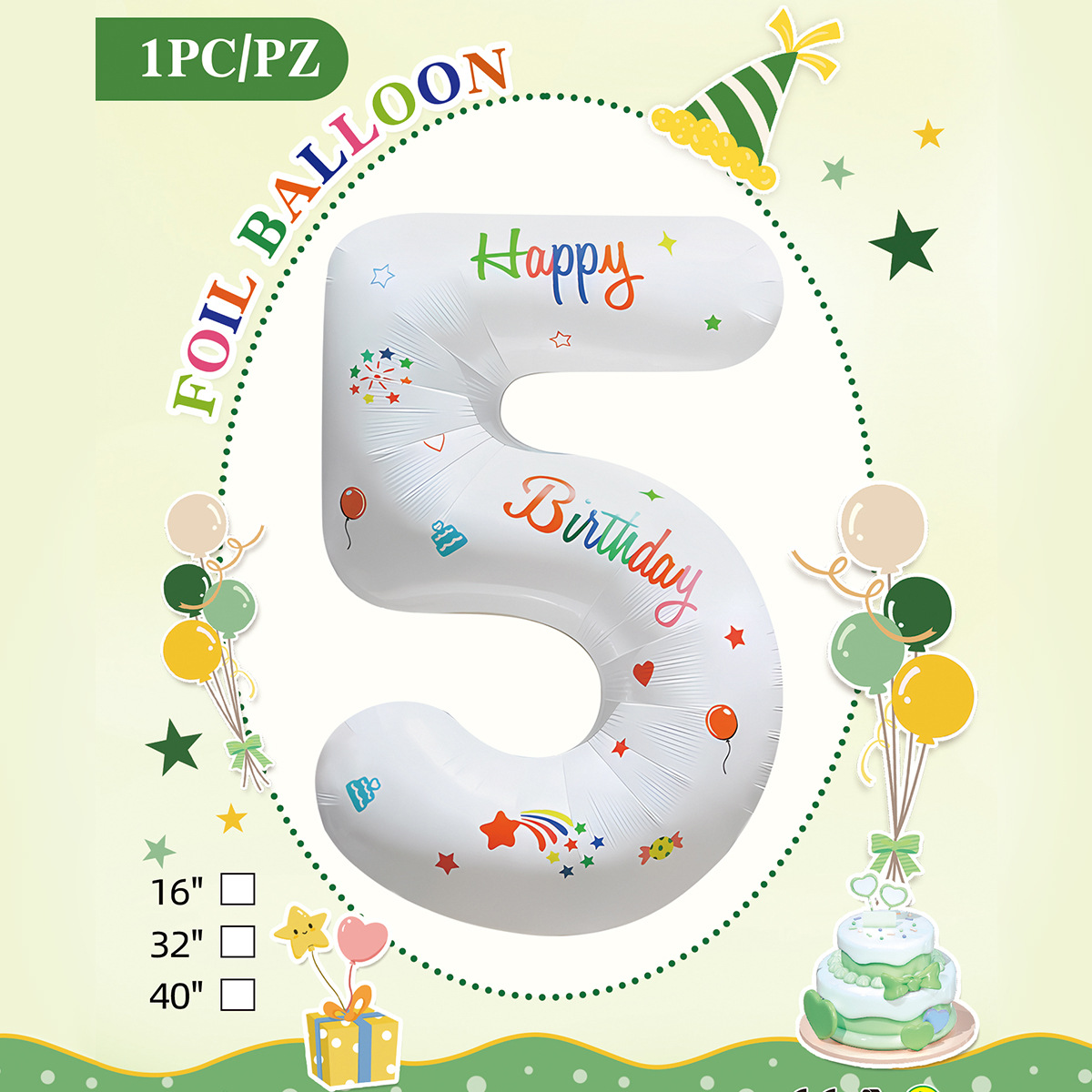 Embalaje de tarjeta de papel independiente digital de cumpleaños impreso en blanco de 32 pulgadas, decoración de fiesta de la versión estadounidense, película de aluminio, decoración de globos de papel de aluminio