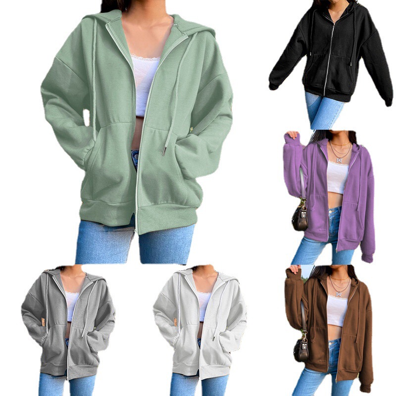 2022 Amazon New Solid Color Hooded Fleece Sweatshirt Long Sleeve Jacket Women Street Loose Zipper Top 2022 Amazon New Solid Color Hooded Fleece Sweatshirt Long Sleeve Jacket Women Street Loose Zipper Top